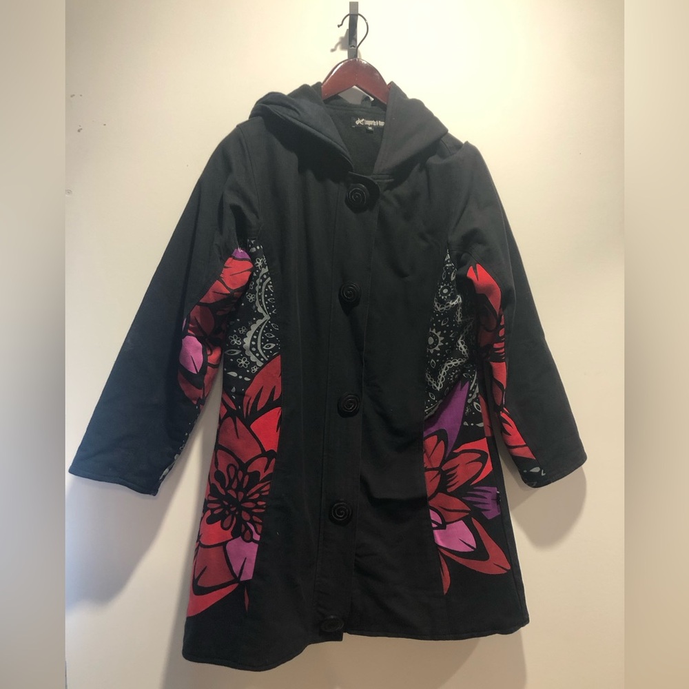 Women's Black Hooded Coat with Pink & Purple Floral Panels